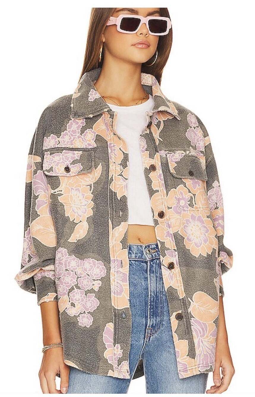 NWT Free People Ruby Shirt Jacket In Charcoal Combo Floral S Boho Utilitarian